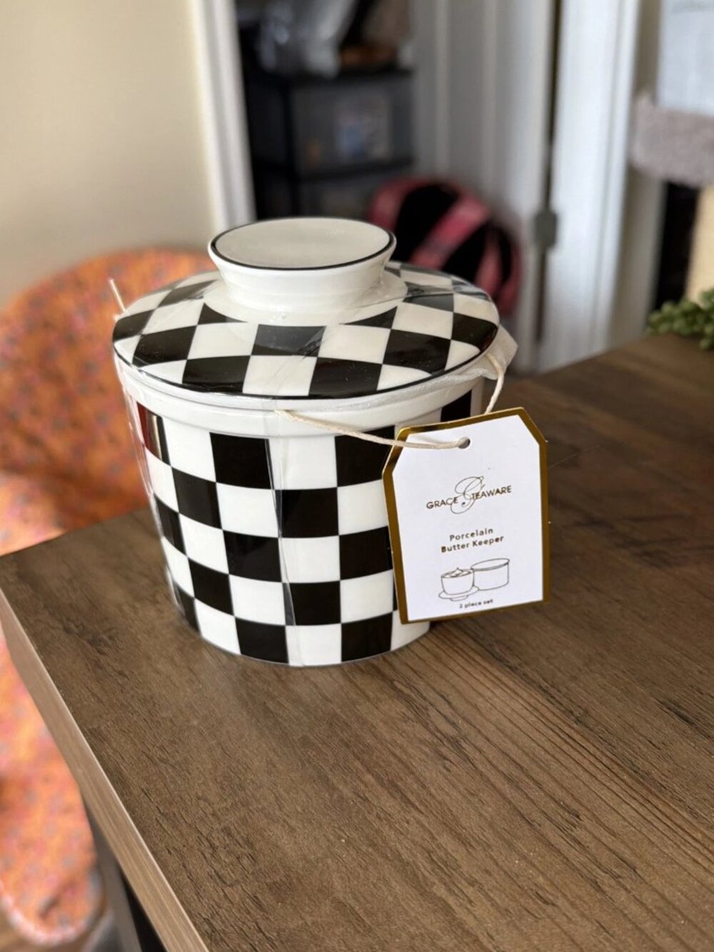 Grace Teaware Porcelain Butter Keeper Black & White Checkerboard - NWT